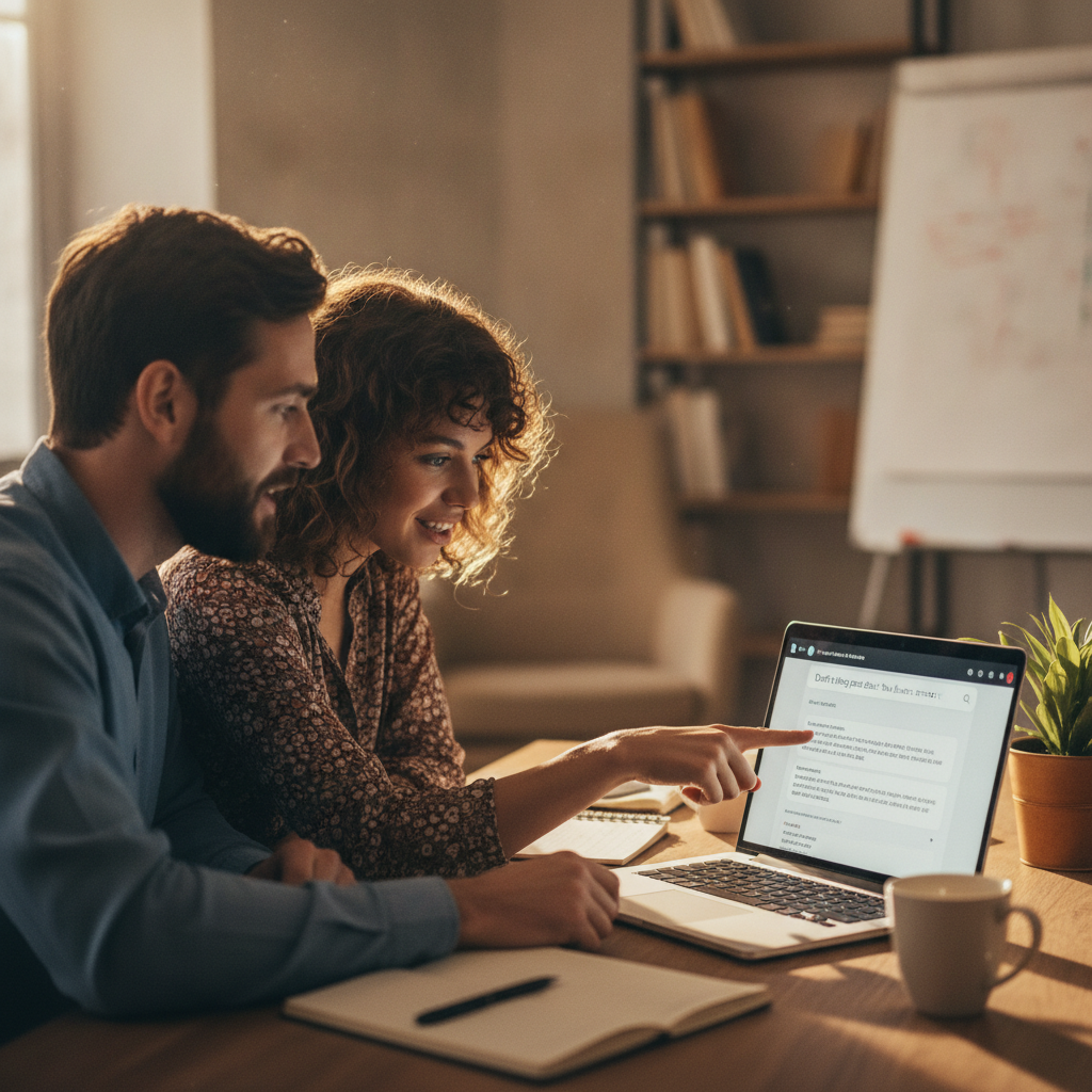 Manager and employee working through an AI tool together on a real task