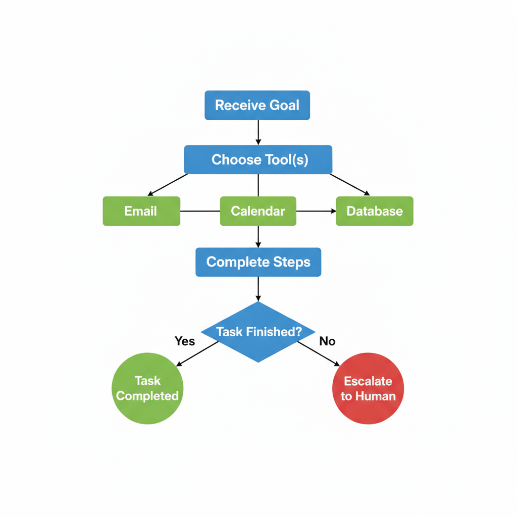 Diagram of how an AI agent processes a multi-step task using different tools