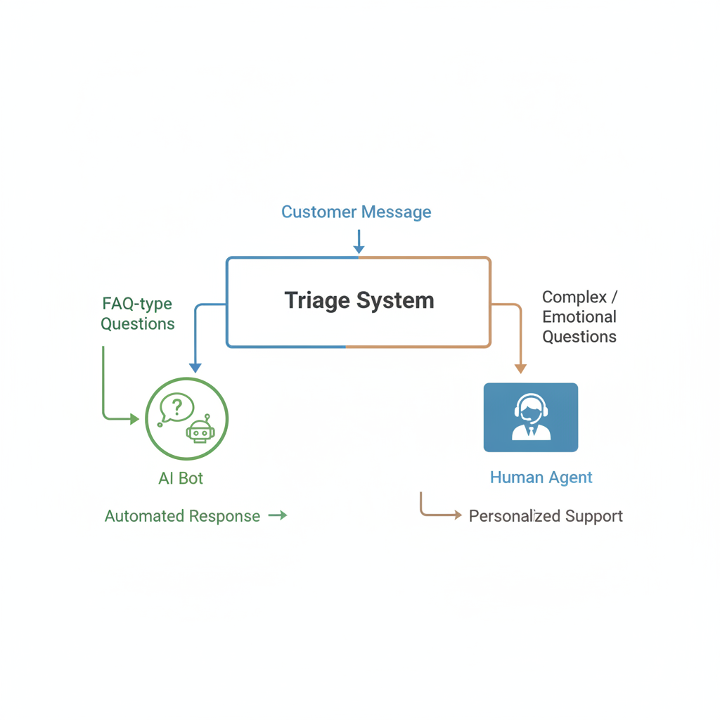 Diagram showing AI triage routing simple questions to automation and complex questions to a human