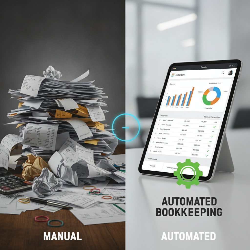 Comparison of manual paper invoices versus organized digital financial dashboard