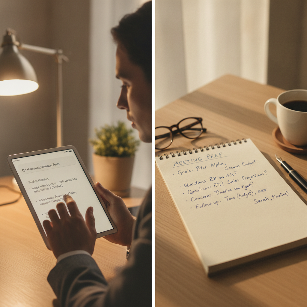 Sales rep preparing for a client meeting using AI-assisted notes