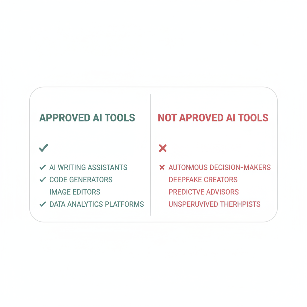 A simple table comparing approved and unapproved AI tools for a business policy