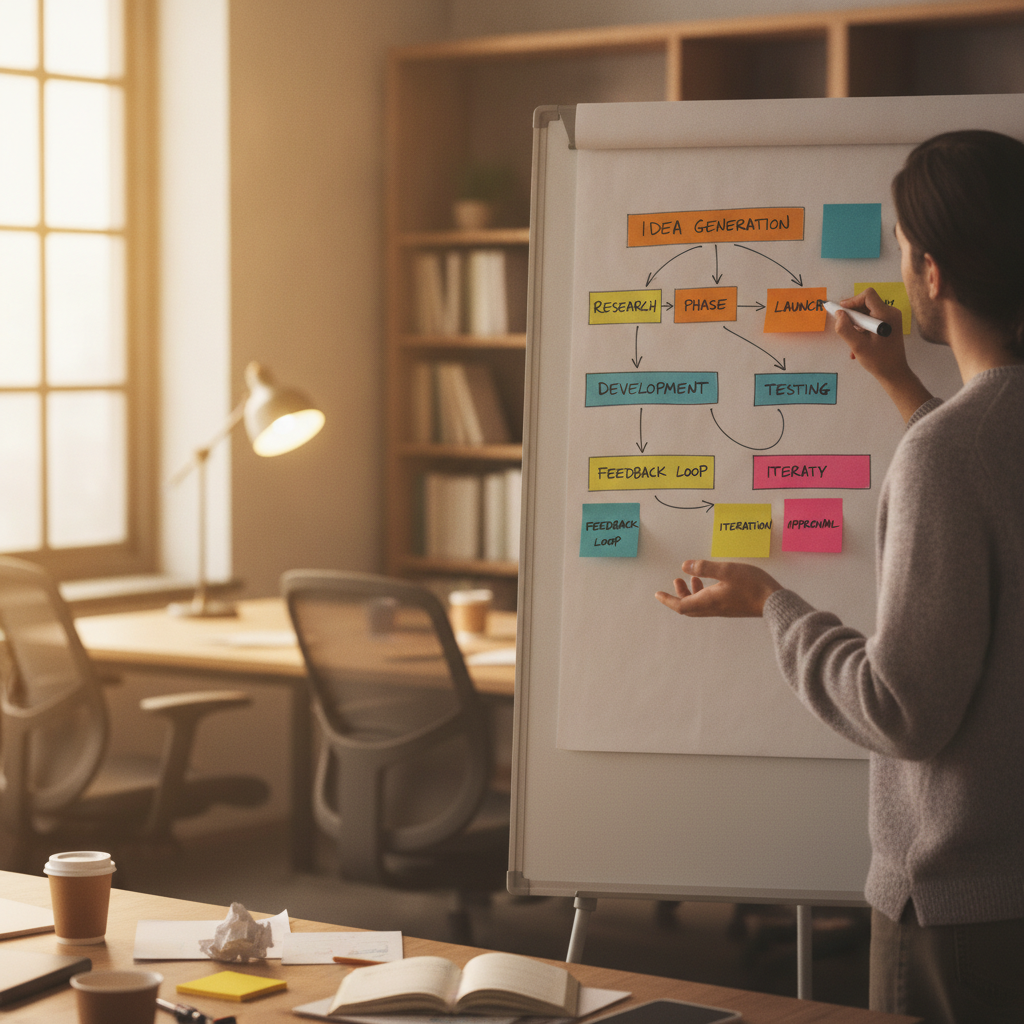 Someone mapping out a business process on a whiteboard