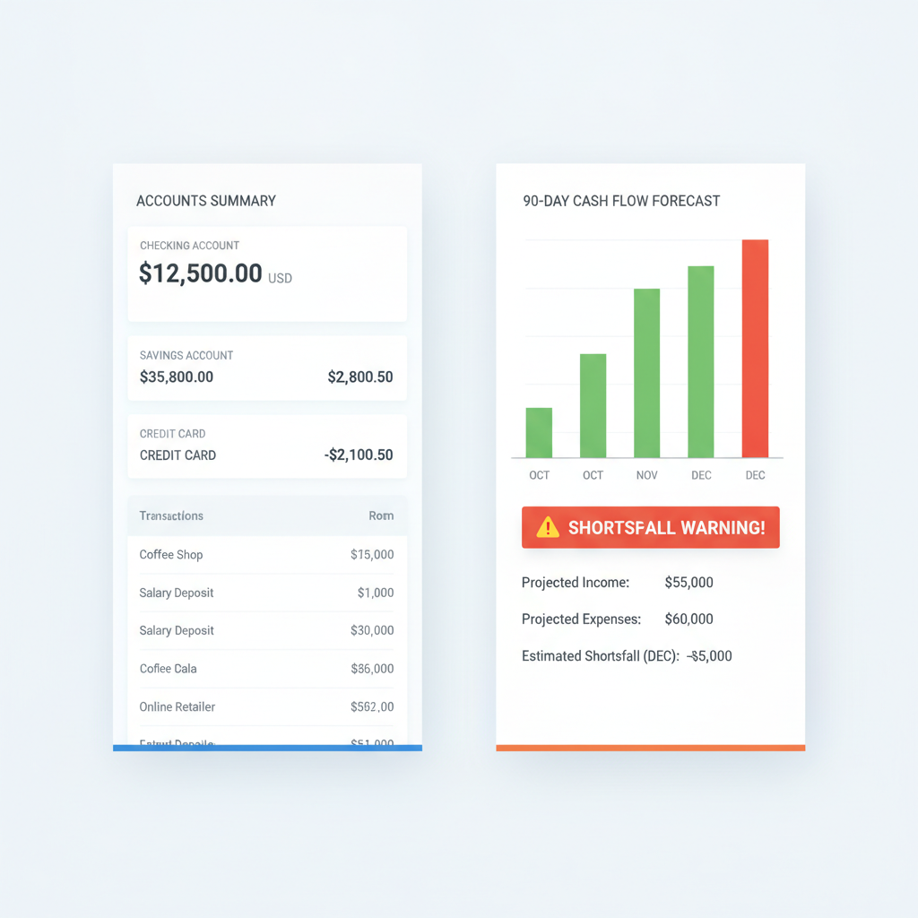 Comparison of reactive bank balance view versus proactive AI cash flow forecast