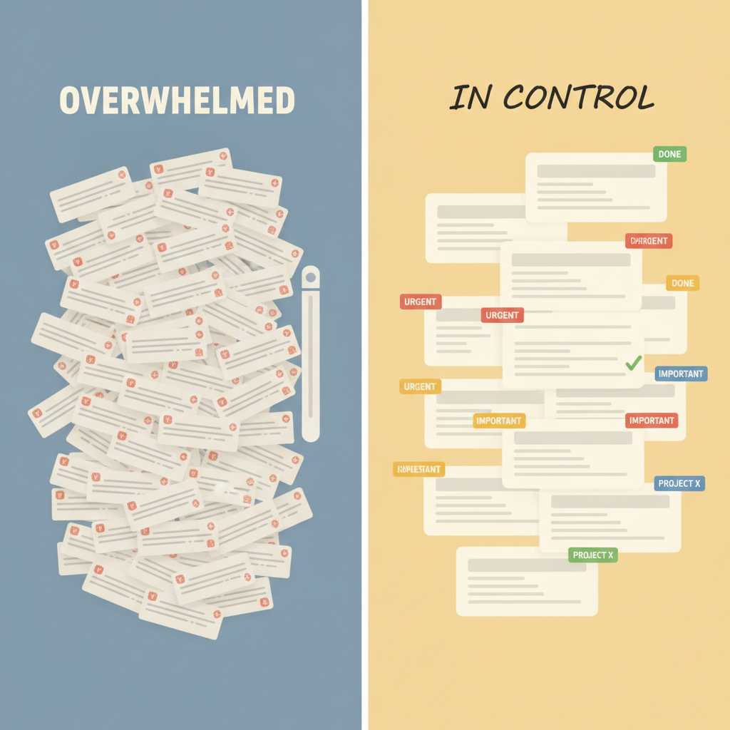 Before and after view of an AI-organized inbox