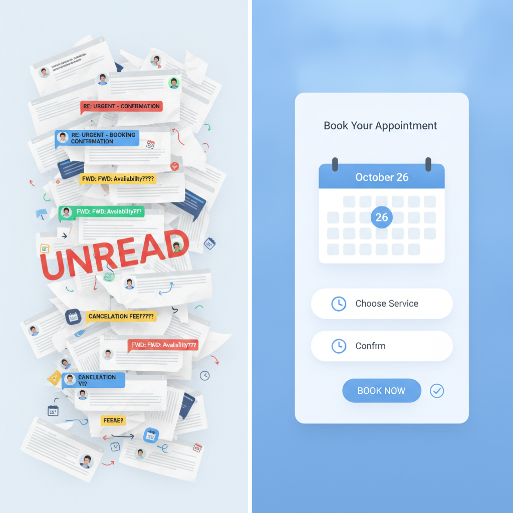 Comparison of email scheduling chaos versus a clean AI booking link interface
