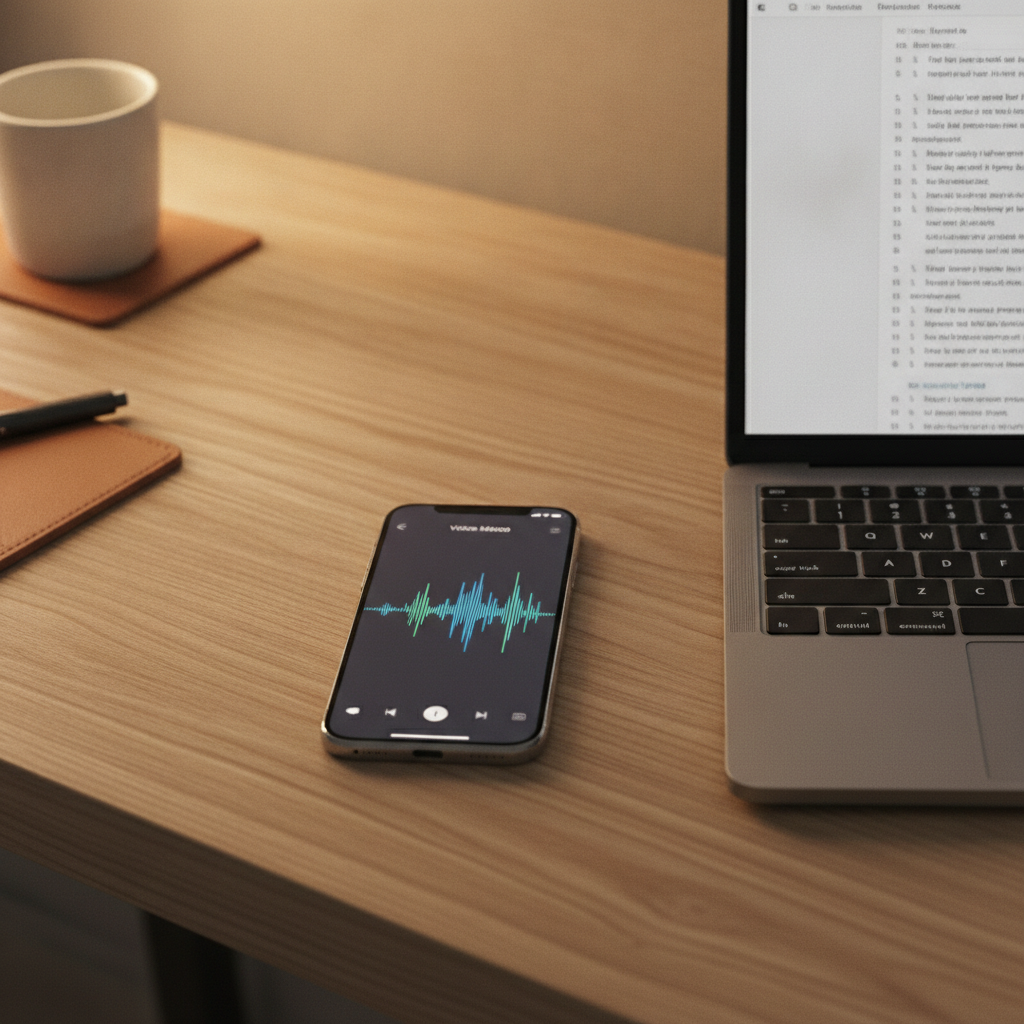 A voice memo being recorded on a smartphone next to a laptop with an open document
