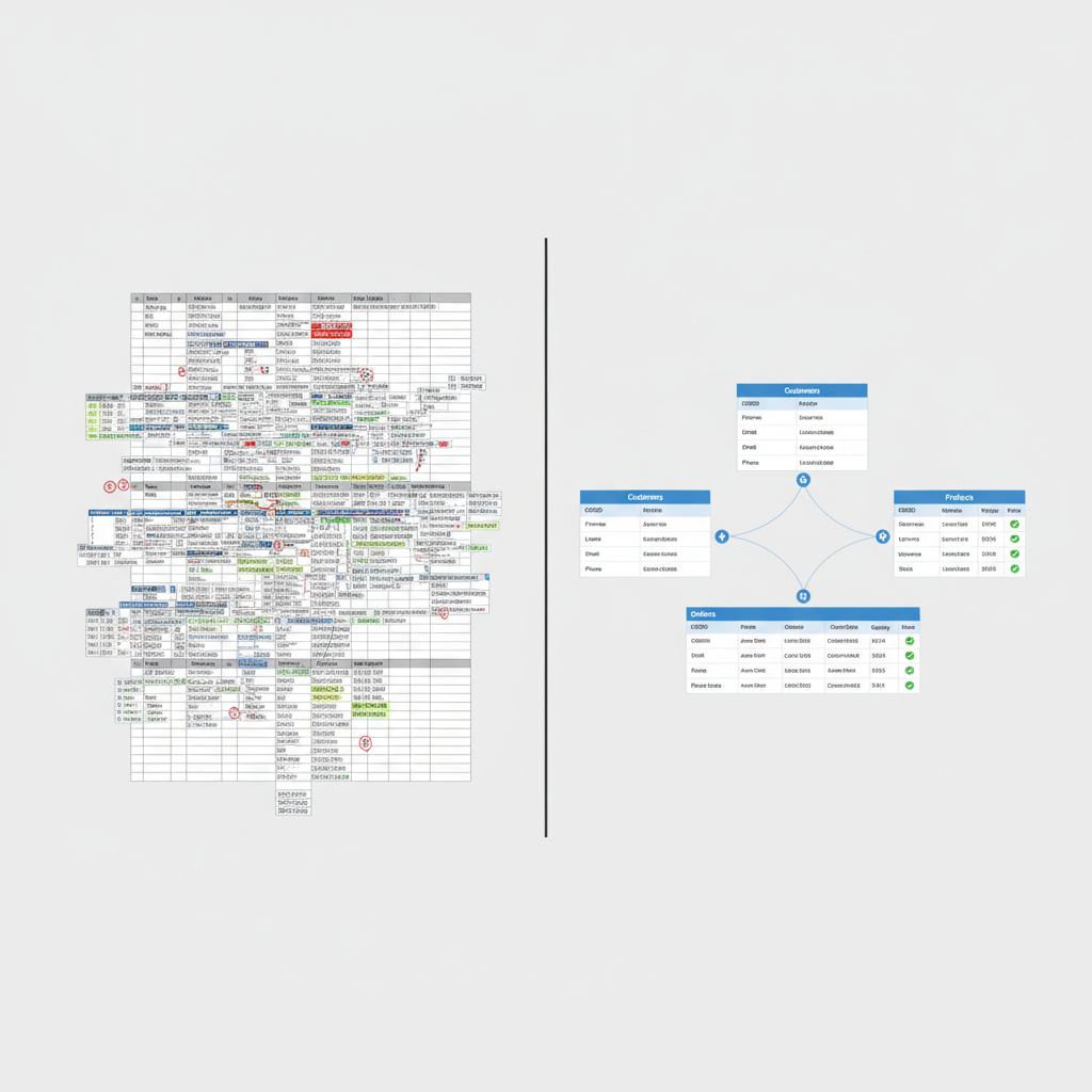 Messy versus clean business data side by side