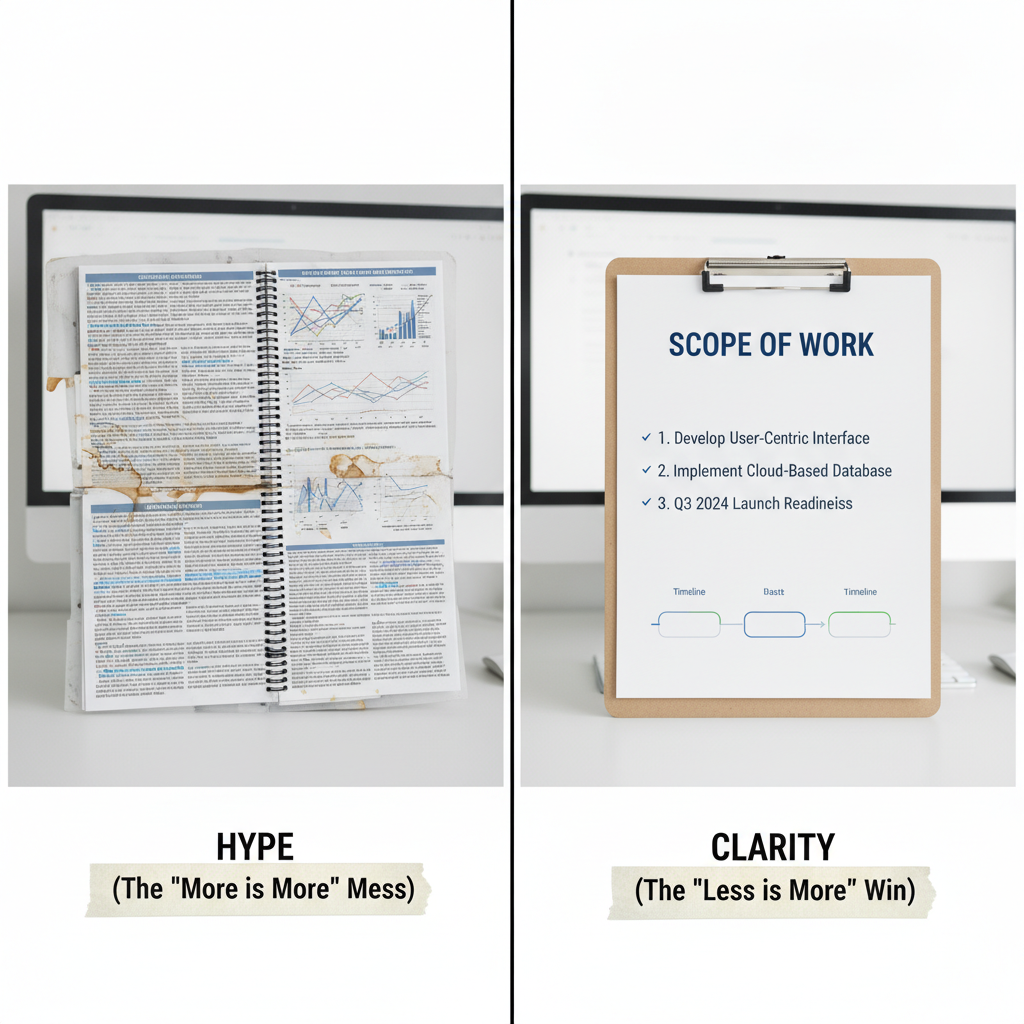Comparison of a vague AI proposal versus a clear, specific scope of work