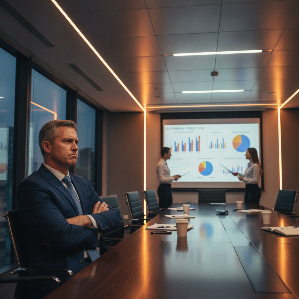Business owner evaluating an AI vendor presentation with a skeptical expression