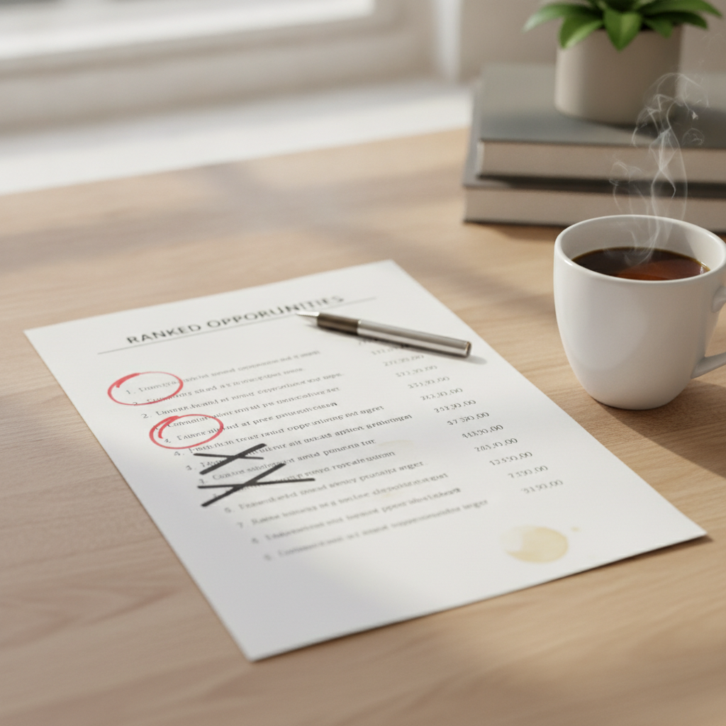 A prioritized AI opportunity list with some items circled and some crossed out