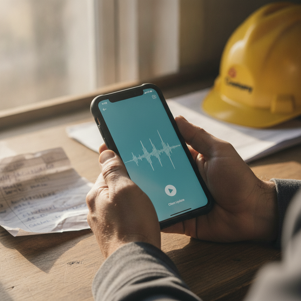 A tradesperson reviewing a voice memo on their phone beside a handwritten job sheet