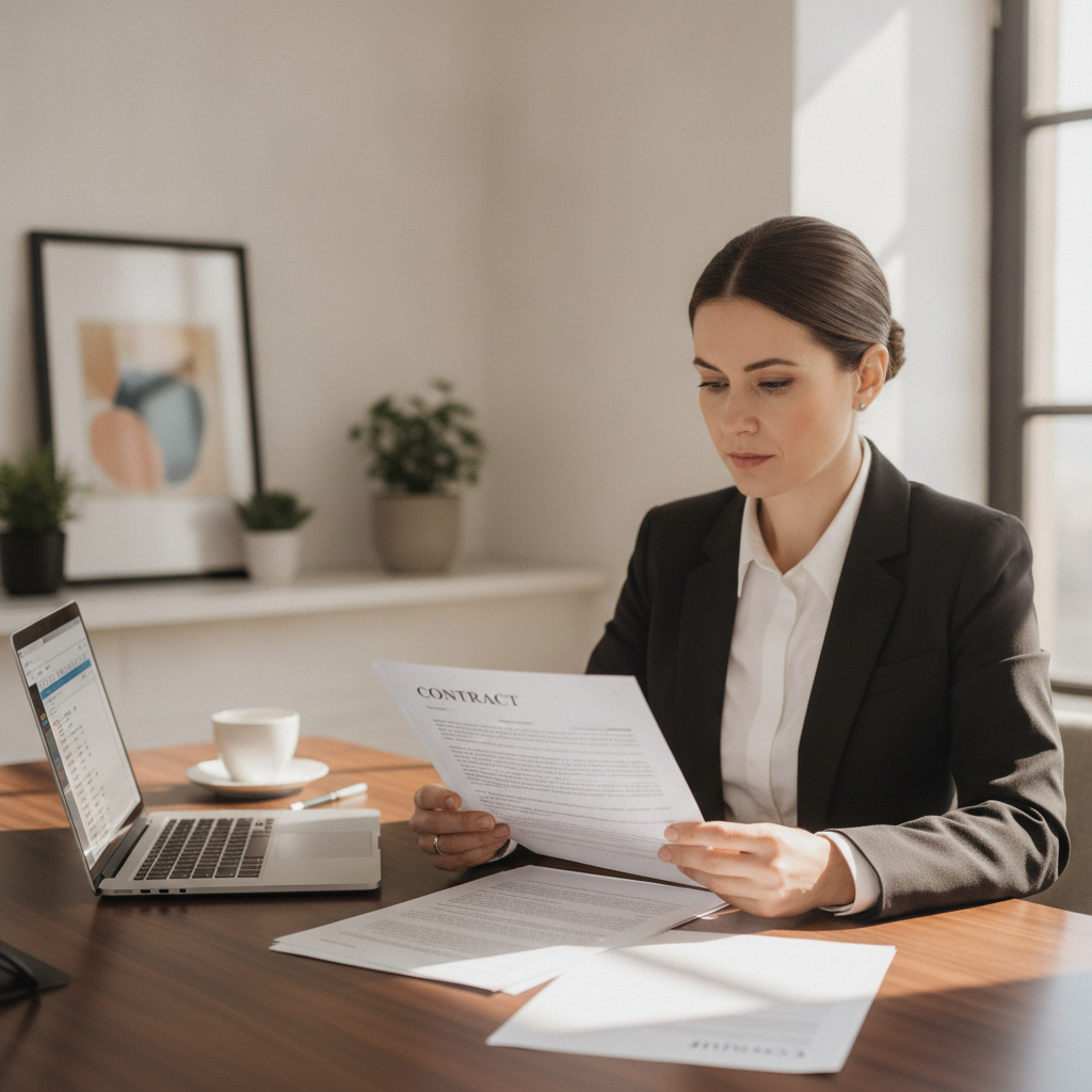 Business owner reviewing a contract with a laptop open beside them