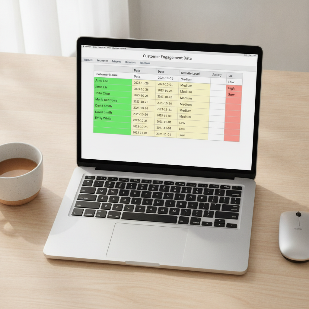 Customer purchase history spreadsheet with lapsed customer highlights