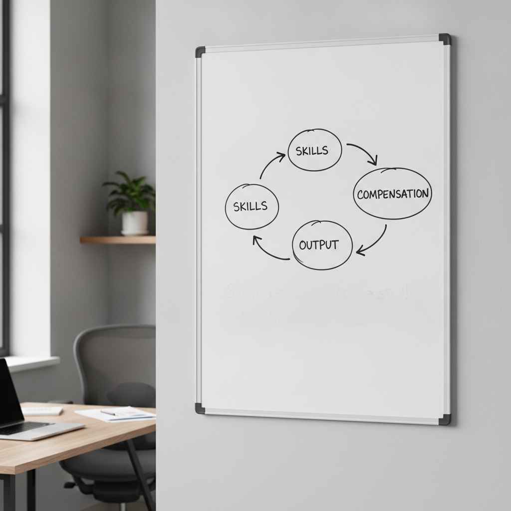 A whiteboard diagram showing the link between employee skills, output, and compensation