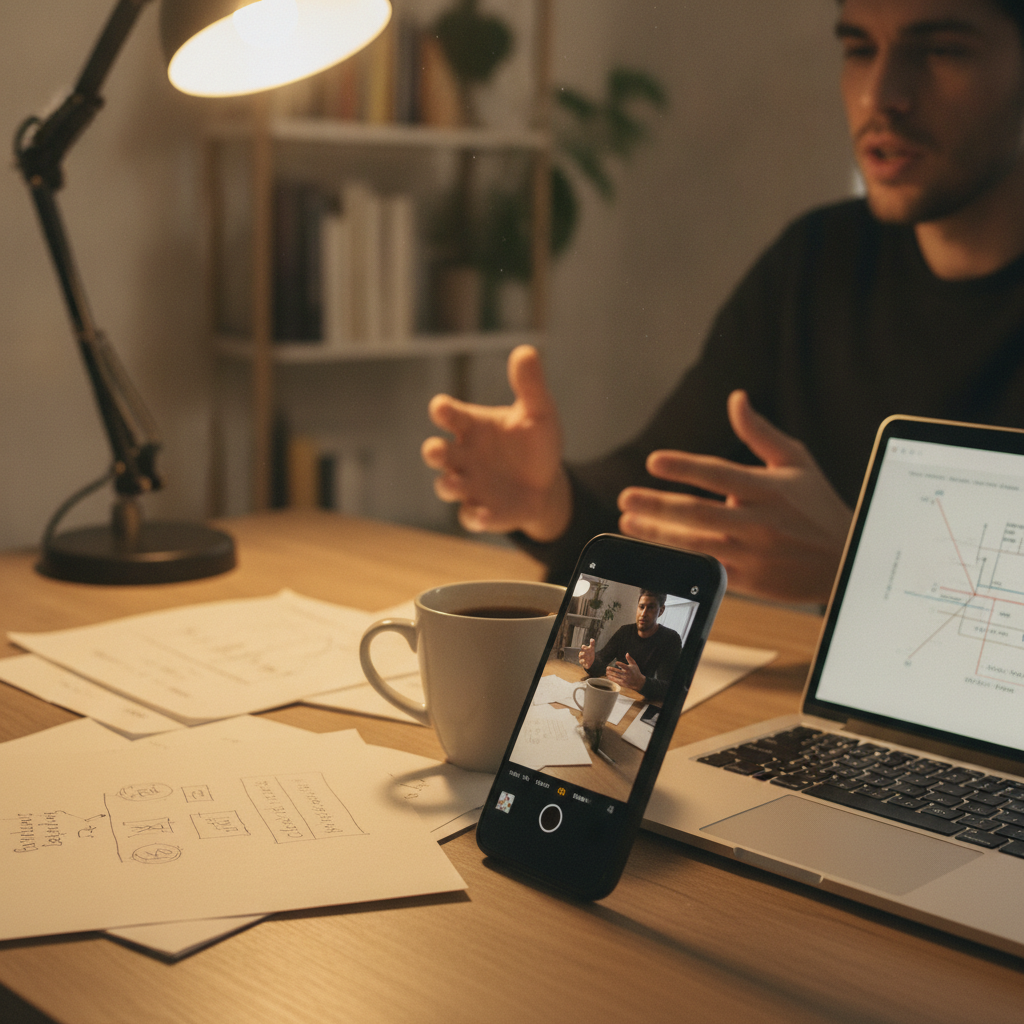 A small business owner recording a voice explanation to use as raw content for AI repurposing
