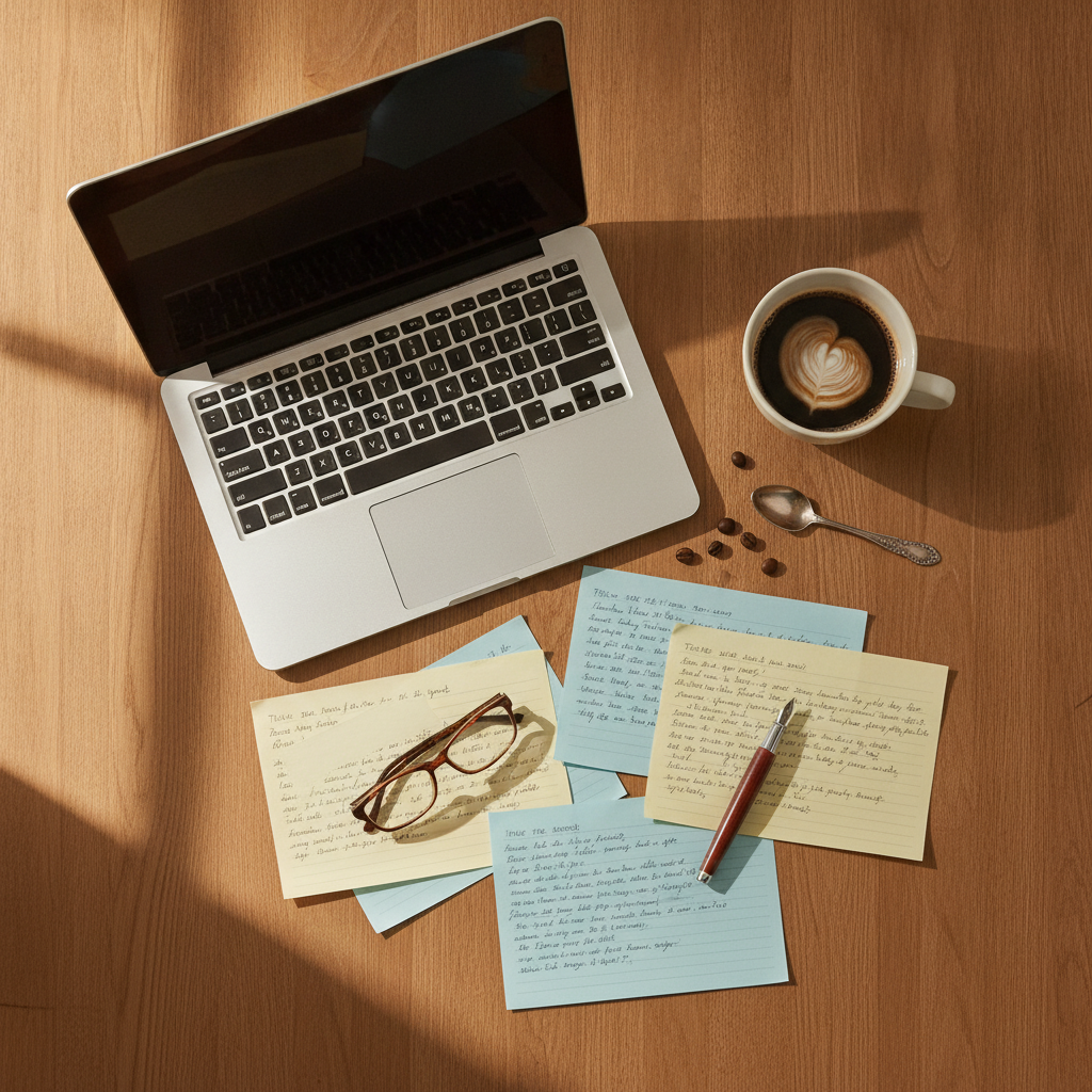 Owner reviewing stock notes next to an open laptop