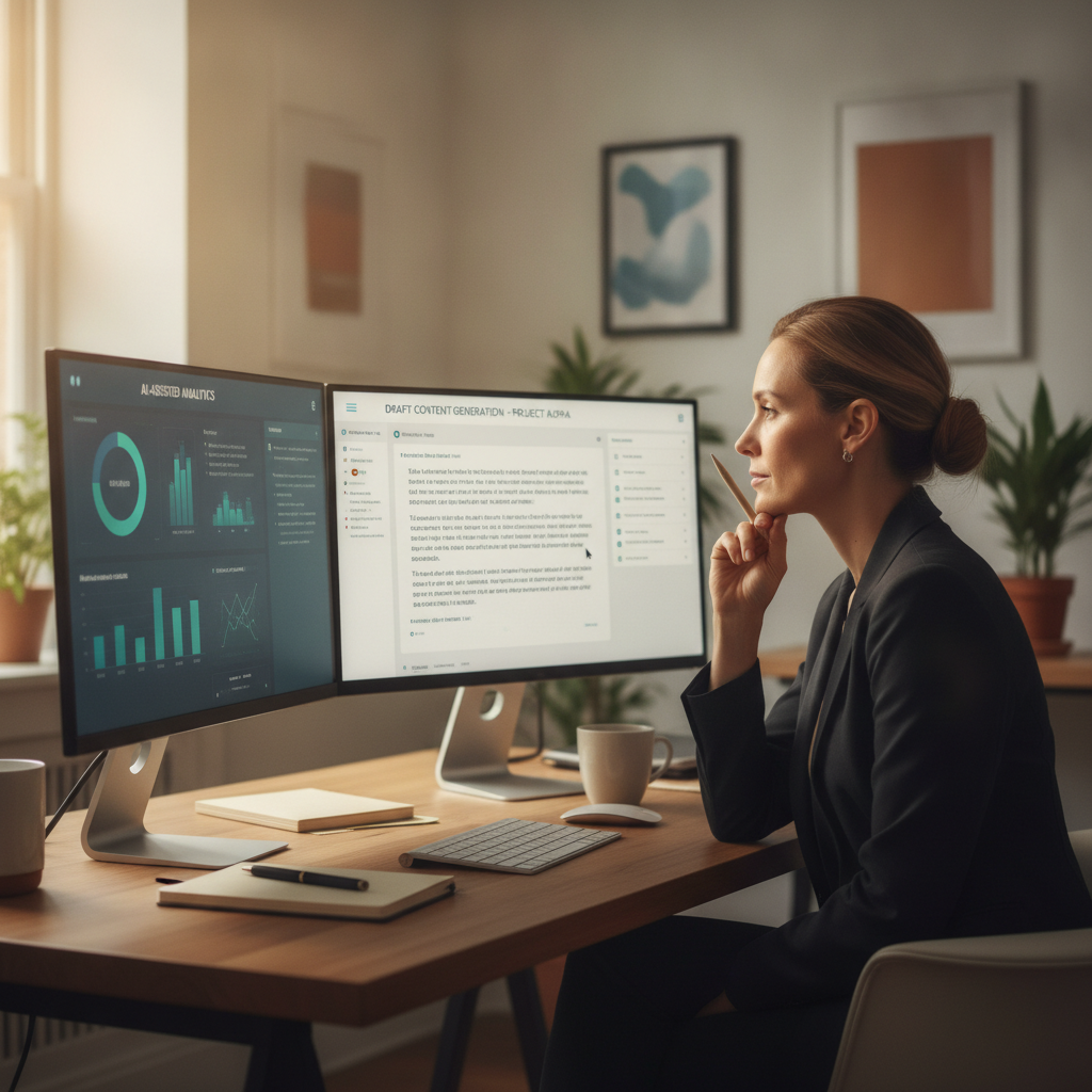 A small business owner using AI tools to analyse data and draft communications