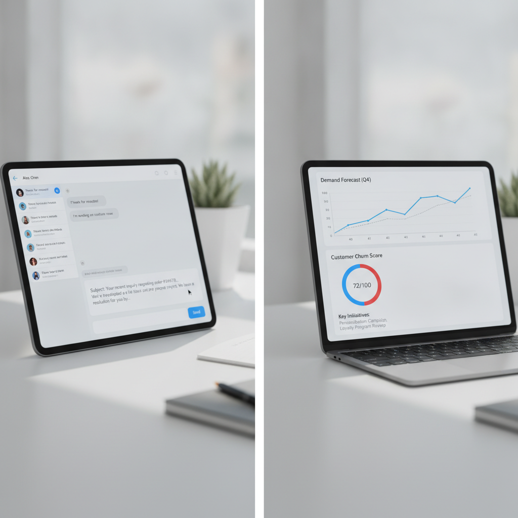 Generative AI producing a drafted reply beside Predictive AI showing a demand forecast and churn score